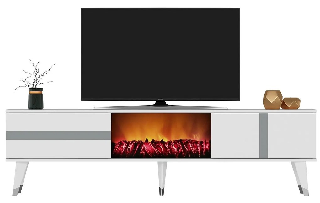 TV asztal/szekrény kandallóval Vekika 3 (fehér + ezüst) . 1095530