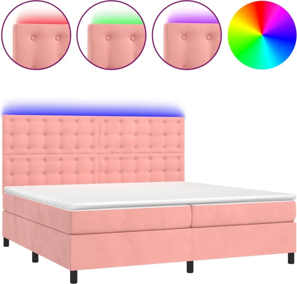 vidaXL rózsaszín bársony rugós és LED-es ágy matraccal 200x200 cm