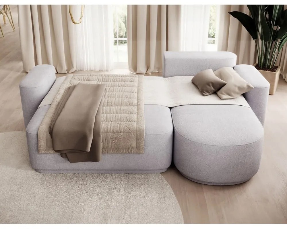 Világosszürke zsenília kinyitható-tárolóhelyes sarokkanapé (jobb oldali-heverő résszel) Aurumm – ELTAP