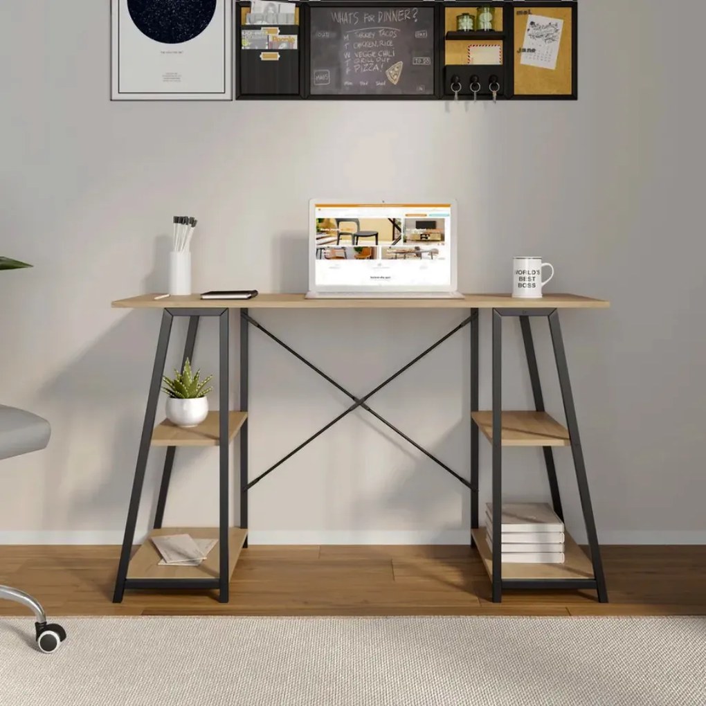 Polcos íróasztal / számítógépasztal 120×50 cm, masszív fém vázzal, fekete–aranytölgy – Intenso Home