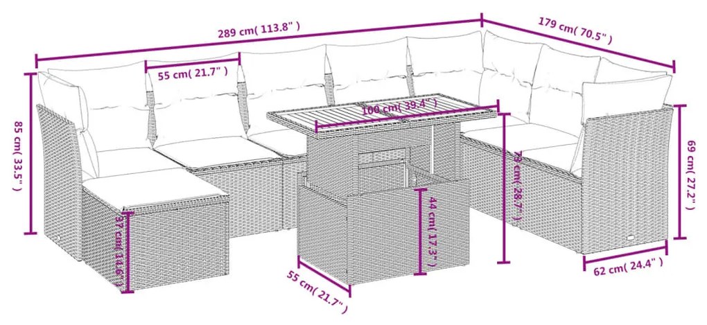 9 részes szürke polyrattan kerti ülőgarnitúra párnákkal