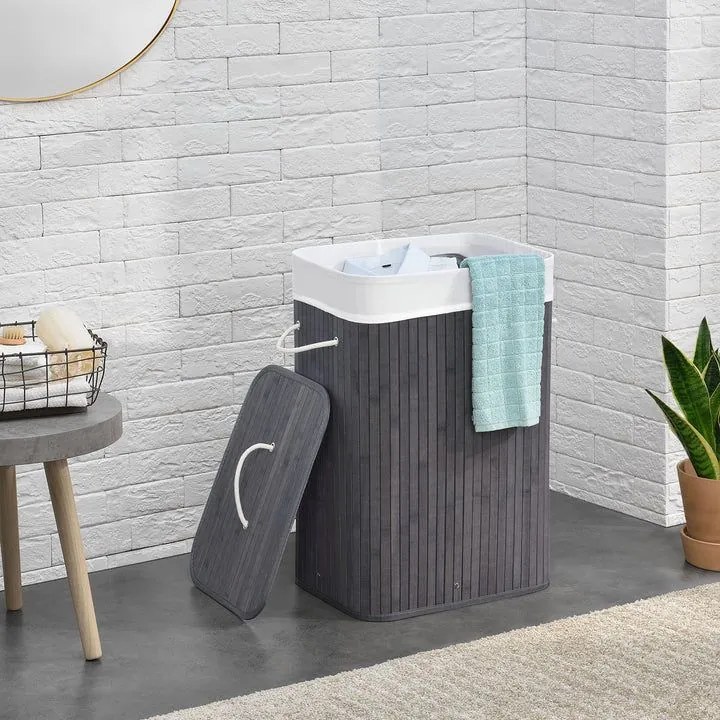 Bambusz szennyeskosár szürke 72 L levehető mosózsákkal