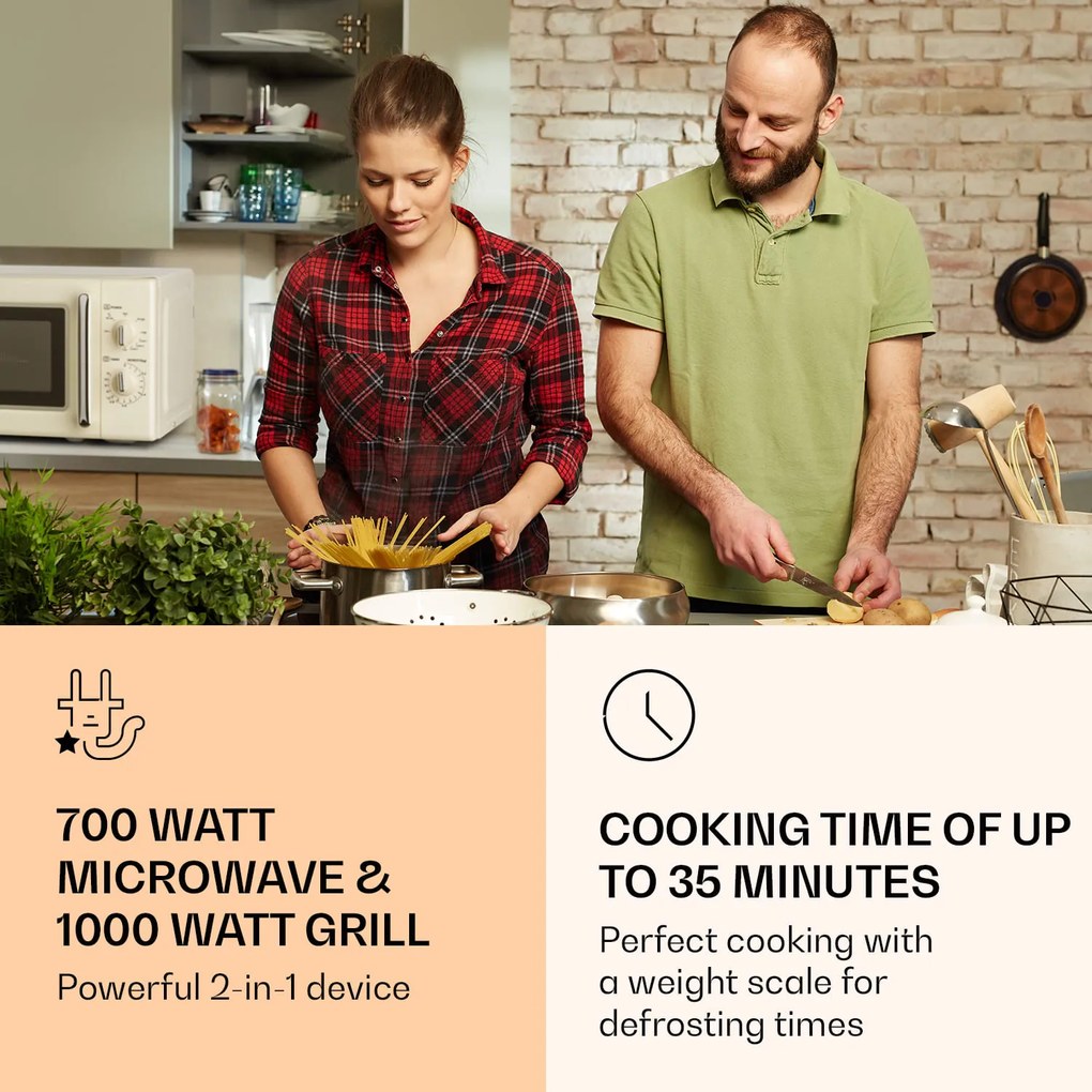 Klarstein Caroline, mikrohullámú sütő, 20 l, 700/1000 W, Ø 25.5 cm, QuickSelect, retró, krémszínű