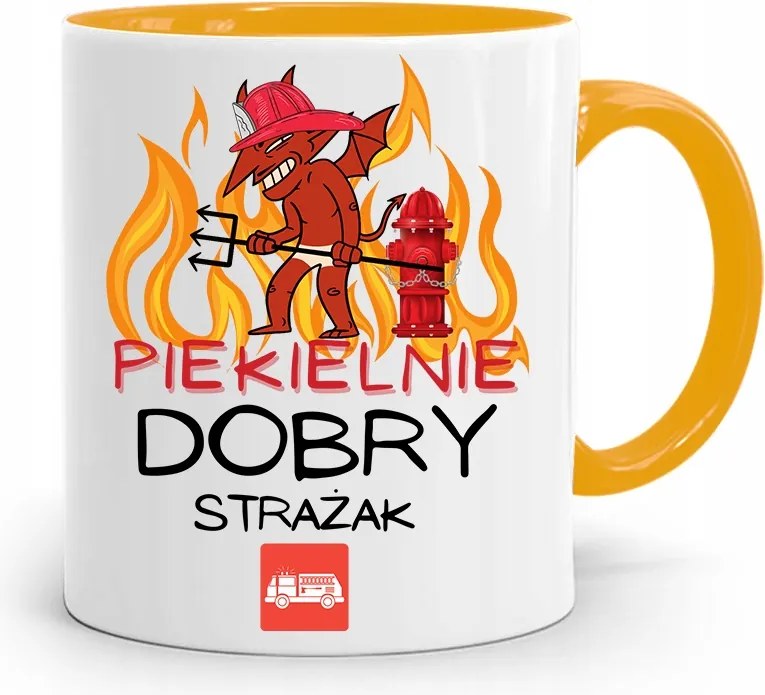 Sárga Bögre Tűzoltónak Pokolian Jó Tűzoltó fényképes nyomattal