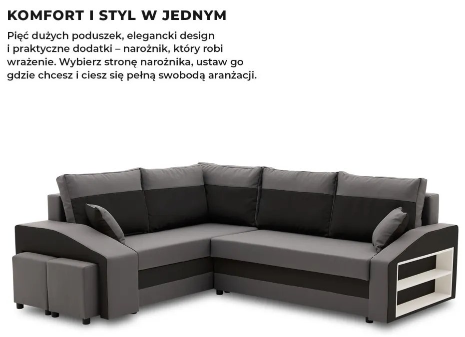 Grande sarokkanapé polcokkal és puffokkal , polc a jobb karfaban puffok a bal karfaban, baloldali, szövet anyag, hab töltet, szürke - fekete