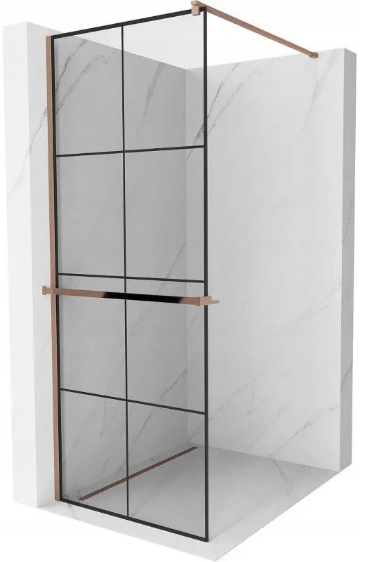 Mexen Kioto +, zuhanyparaván polccal és törölközőtartóval 80 x 200 cm, 8mm átlátszó üvegmintás fekete, rózsa arany profil, 800-080-121-60-77