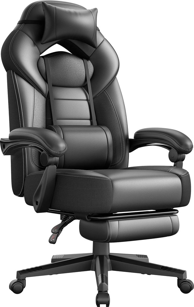 Játékos szék lábtartóval, ergonomikus kialakítással, fekete színben