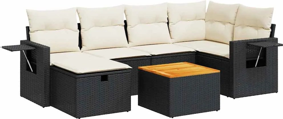vidaXL 7 részes fekete polyrattan kerti ülőgarnitúra párnával