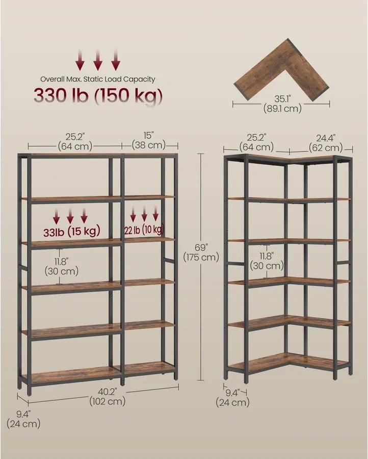 VASAGLE 6 szintes könyvespolc és sarokpolc, 24 x 102 x 175,2 cm, rusztikus barna és tintafekete