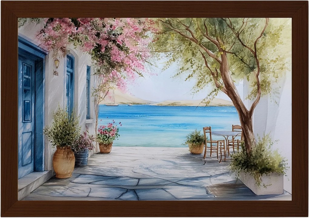 Poszter Keret Fa Görögország Terasz Bugenwilla Kilátás A Tengerre 60x40