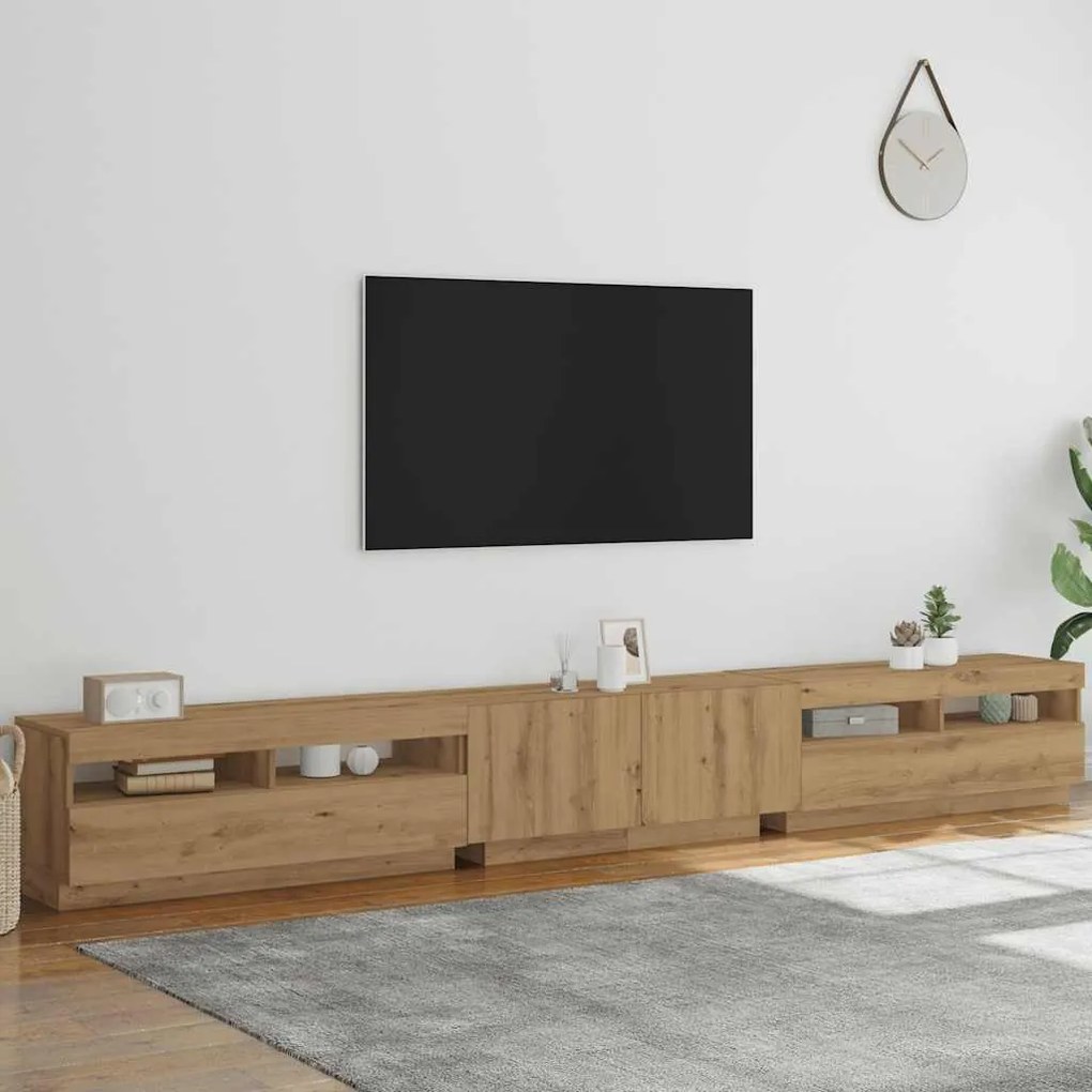 kézműves tölgy szerelt fa TV-szekrény LED-ekkel 300x35x40 cm