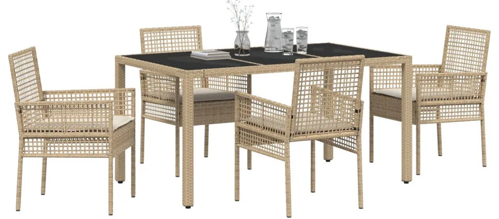 3 darabos szett Bézs PE Rattan, Edzett Üveg, Porszórt Acél