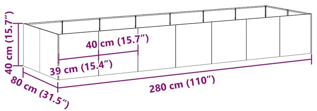 vidaXL időjárásálló acélból növénytartó rozsdás 280x80x40 cm
