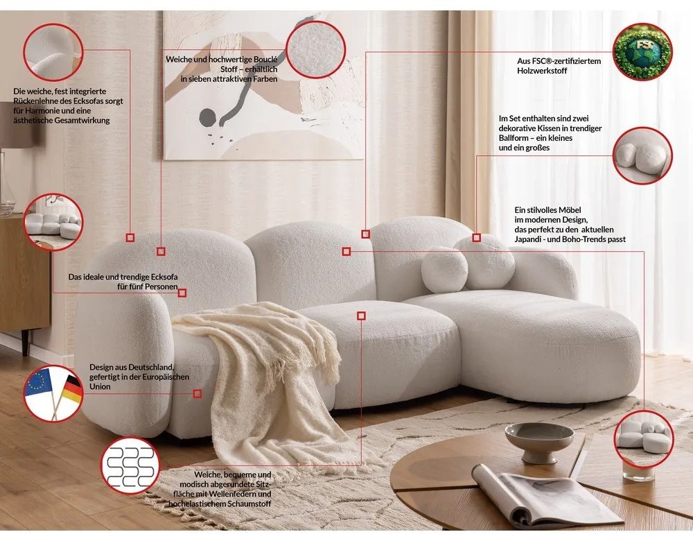 Krémszínű buklé sarokkanapé (jobb oldali-heverő résszel) Orbit – Ropez