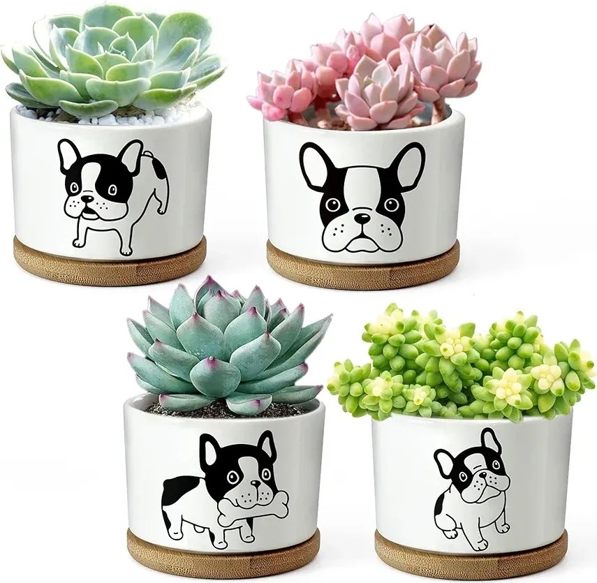 Virágtartó 4 db 8 cm fehér agyagból, kutya motívummal