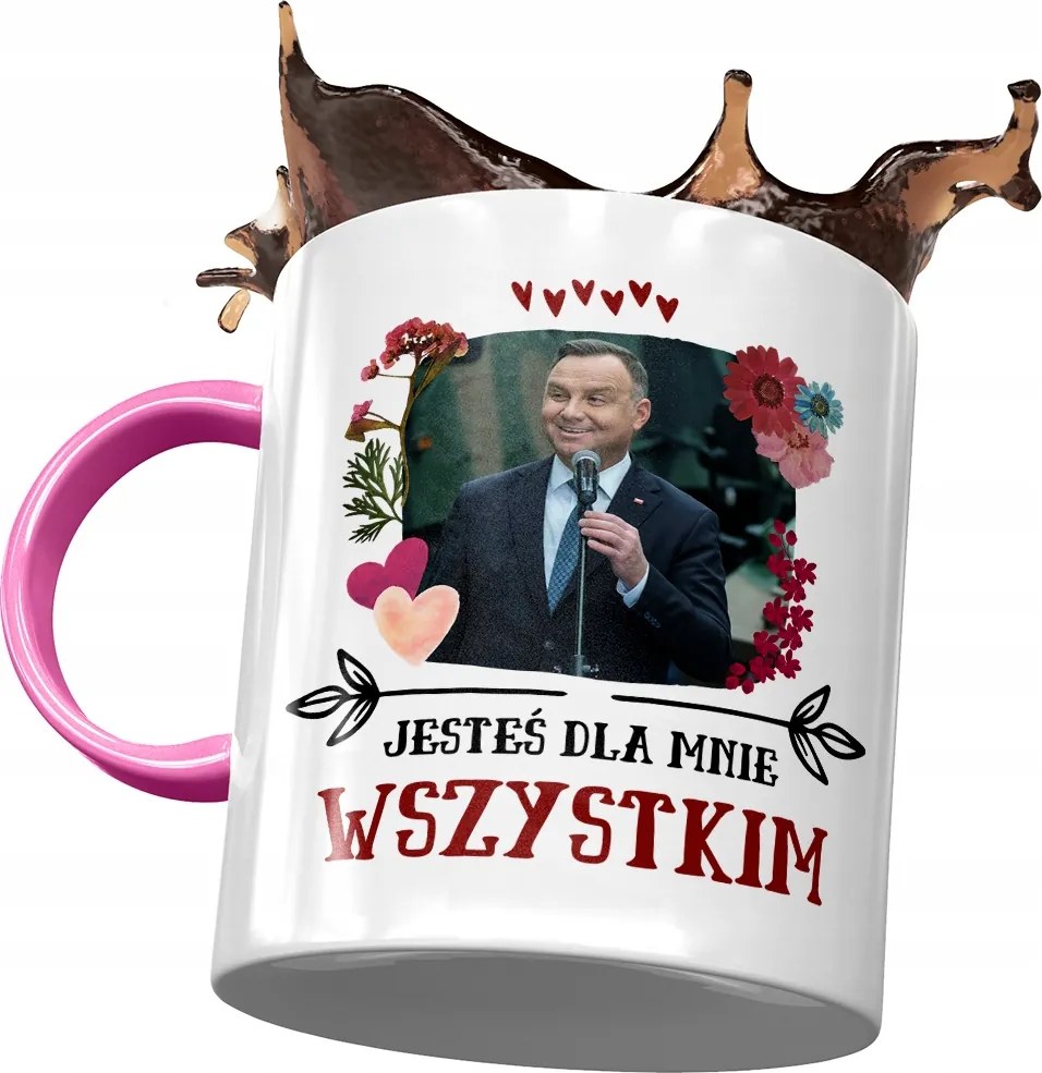 Rózsaszín bögre Andrzej Duda PiS elnök Ajándék Nyomtatott Fotóval