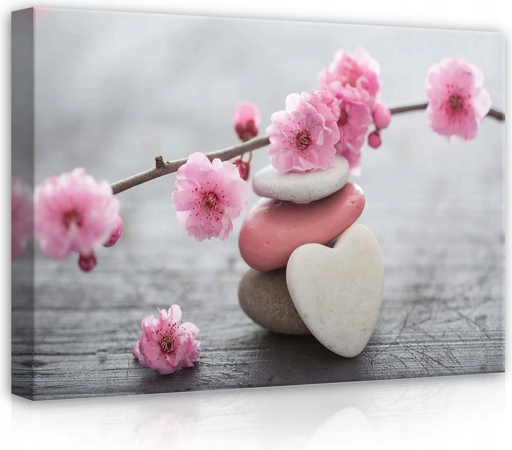 Vászonkép 70x50 Kövek cseresznyevirág ág egyensúly nyugalom harmónia zen