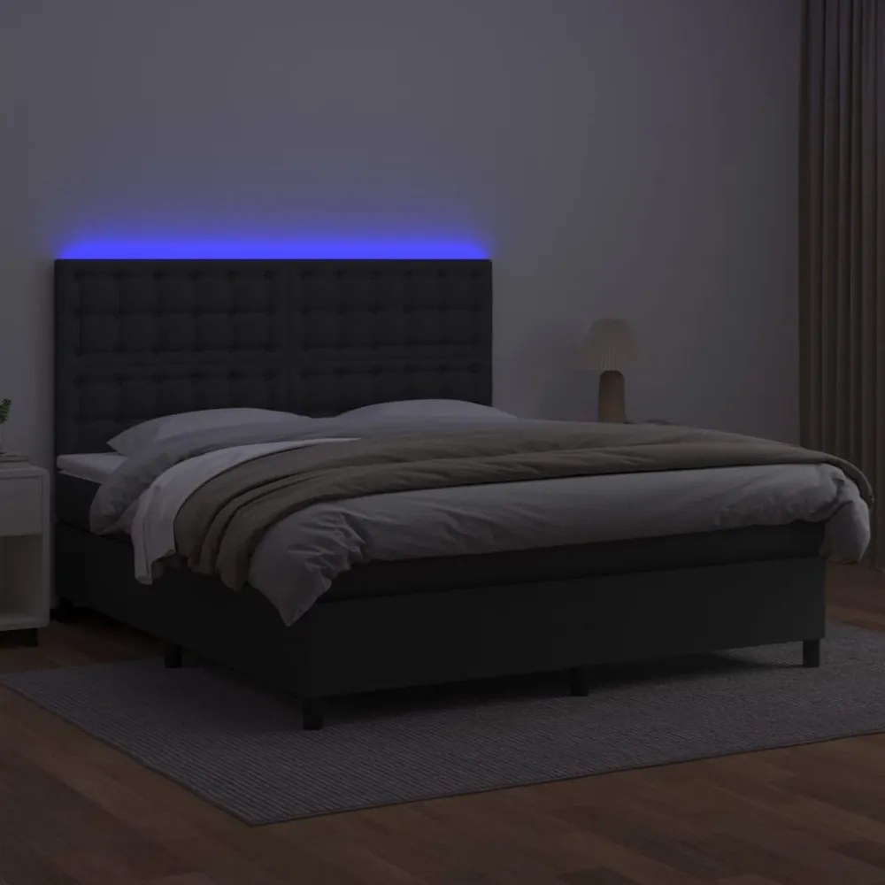 fekete műbőr rugós ágy matraccal és LED-del 160x200 cm