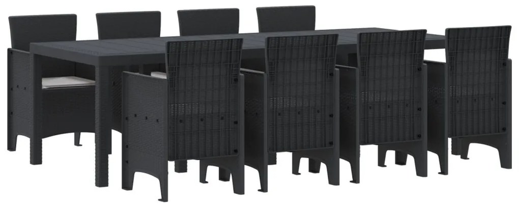 9 részes kerti étkező szett párnákkal fekete műanyag rattan