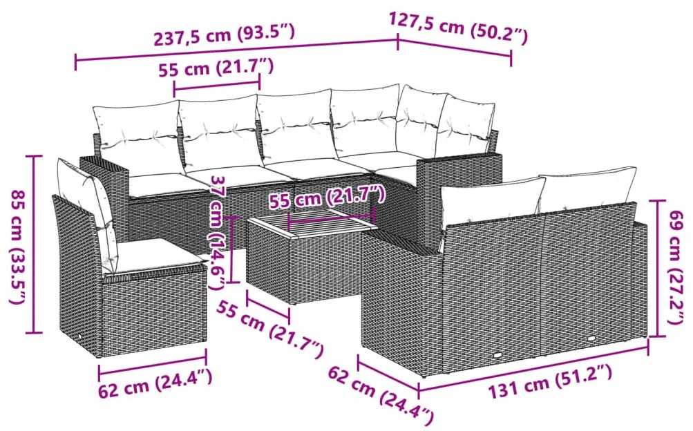 9 részes szürke polyrattan kerti ülőgarnitúra párnákkal