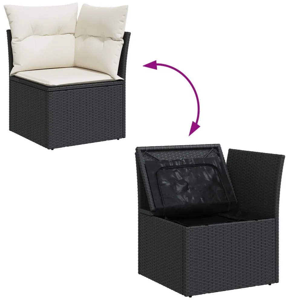 14 Darabos Kerti Sofa Szett Párnákkal Fekete Poli Rattan Akác, 4 Darabos Kerti Étkező Szett Párnákkal Fekete Poli Rattan Akác