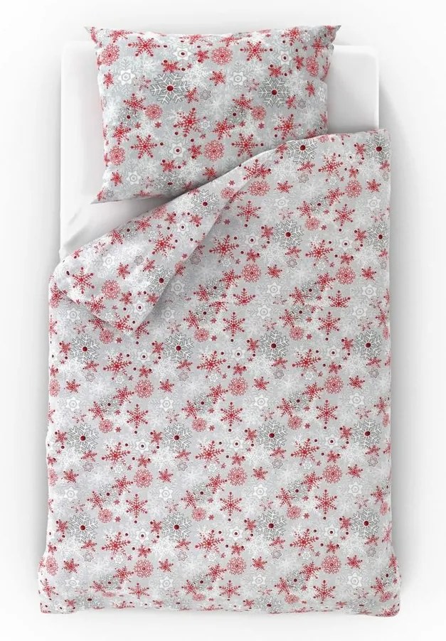 Kvalitex Hópelyhek karácsonyi flanel ágyneműhuzat piros-szürke, 140 x 200 cm, 70 x 90 cm