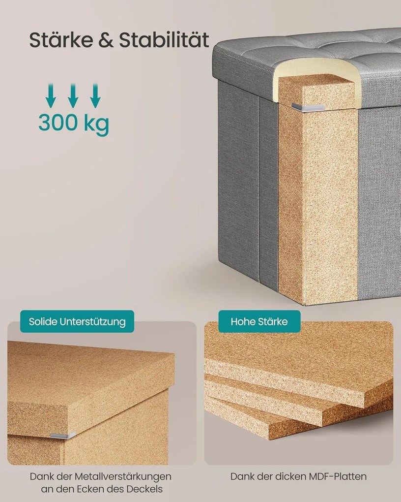 Puff, összecsukható tároló ottomán pad, lábtámasz, 80 L, 76x38x38 cm, világosszürke