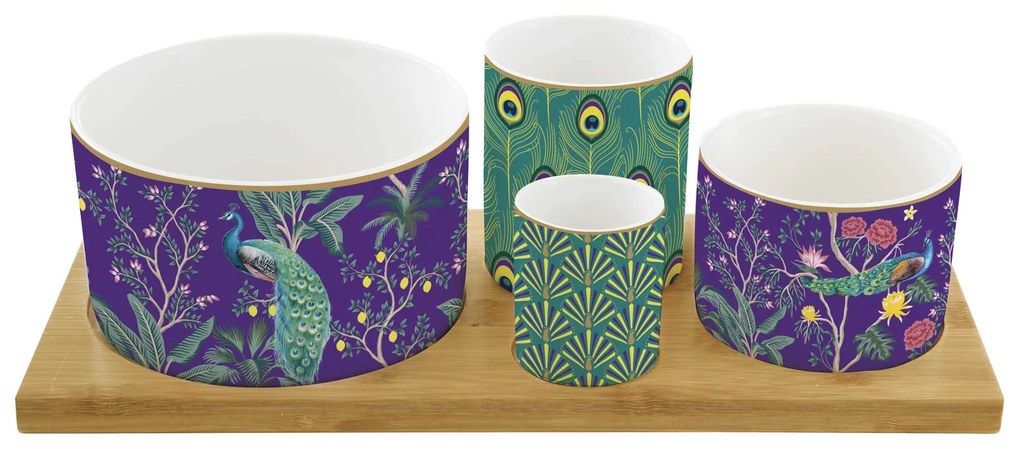 Páva mintás porcelán kínálótál tálka 4 db-os szett bambusztálcán Imperial Peacock Coffee Mania