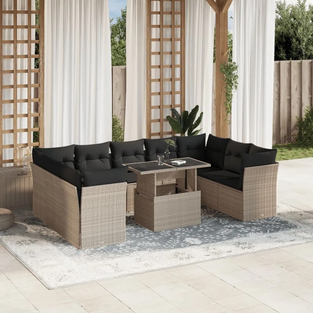 10 részes világosszürke polyrattan kerti ülőgarnitúra párnákkal