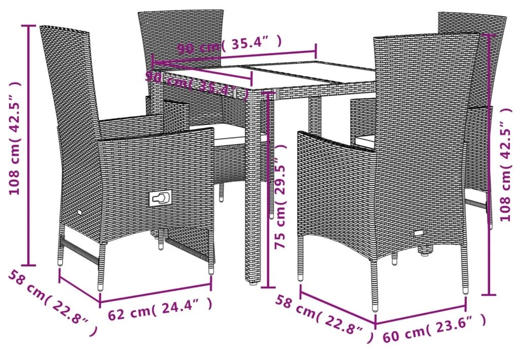 5 részes bézs polyrattan kerti étkezőgarnitúra párnákkal