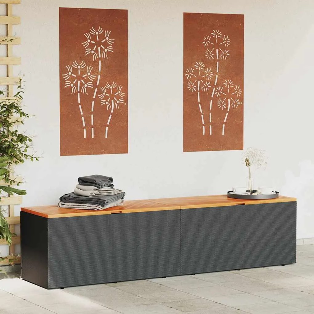 Fekete Polyrattan És Akácfa Kerti Tárolóláda 220 X 50 X 54 Cm