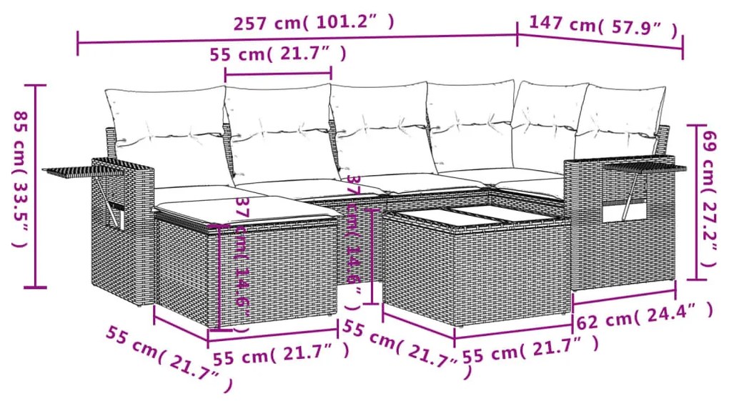 7 részes világosszürke polyrattan kerti ülőgarnitúra párnákkal