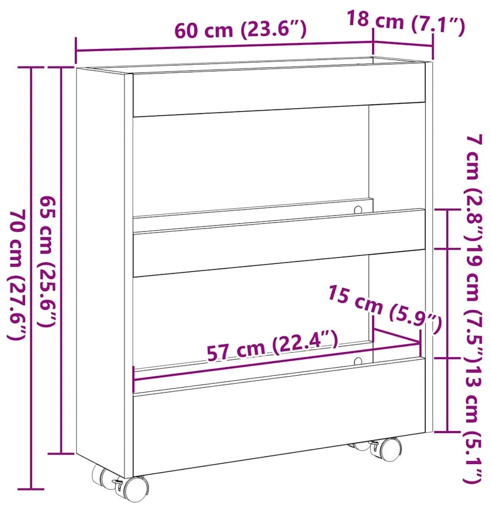 Keskeny Tároló Kocsi Fekete tölgy 60 x 18 x 70 cm Faanyag