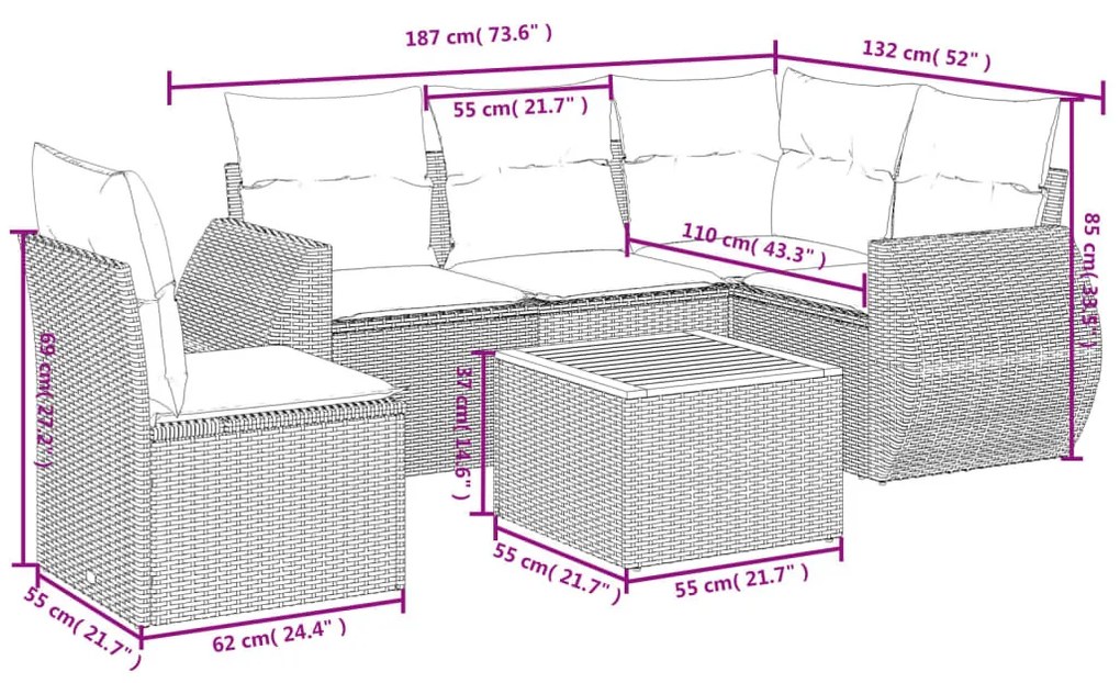 6 részes bézs polyrattan kerti ülőgarnitúra párnával