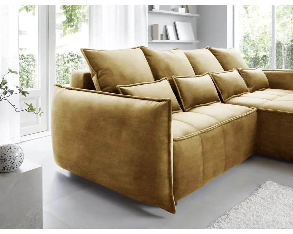 Sárga bársony kinyitható-tárolóhelyes sarokkanapé (jobb oldali-heverő résszel) Campo – ELTAP