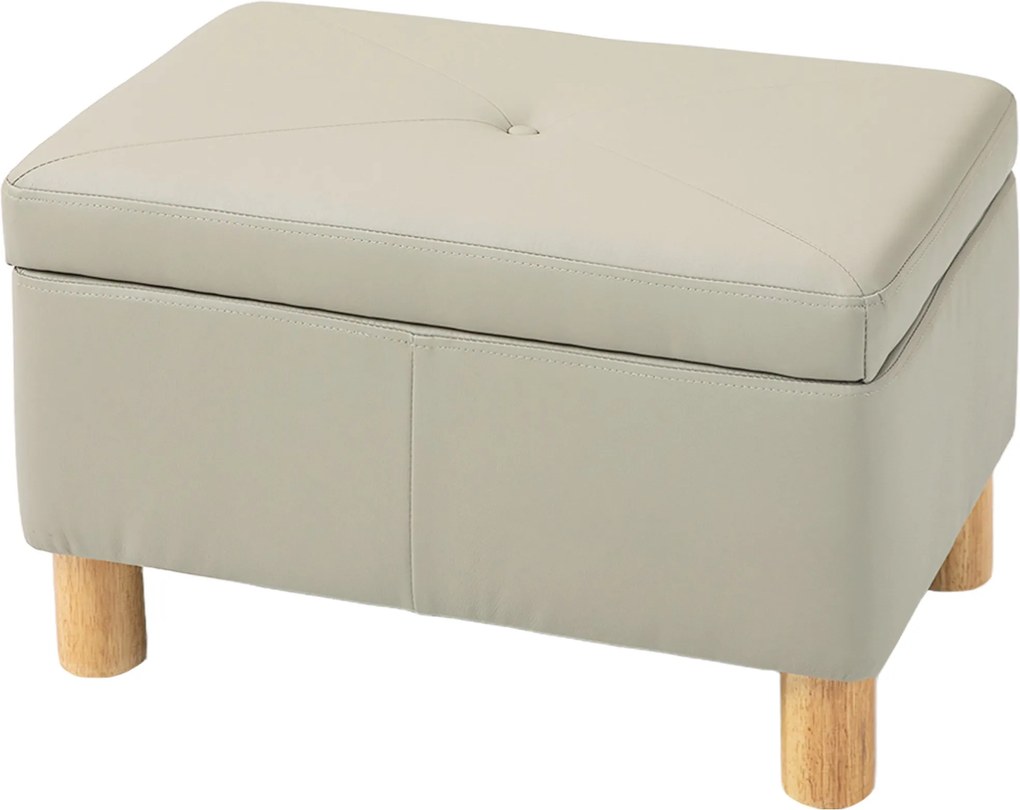 HOMCOM 33L-es Hálószobai Tároló Puff Fa Lábakkal, Kárpitozott PU Bélelt Pad, 60x38x40 cm, Világosszürke | Aosom