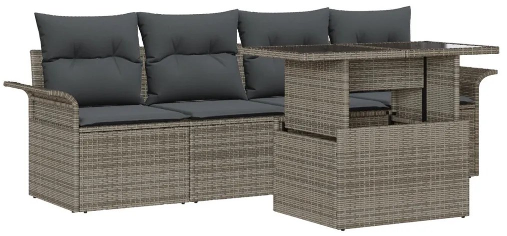 5 darabos kerti kanapé szett párnákkal szürke poly rattan, 2 fős kerti kanapé tárolóval és párnákkal szürke poly rattan