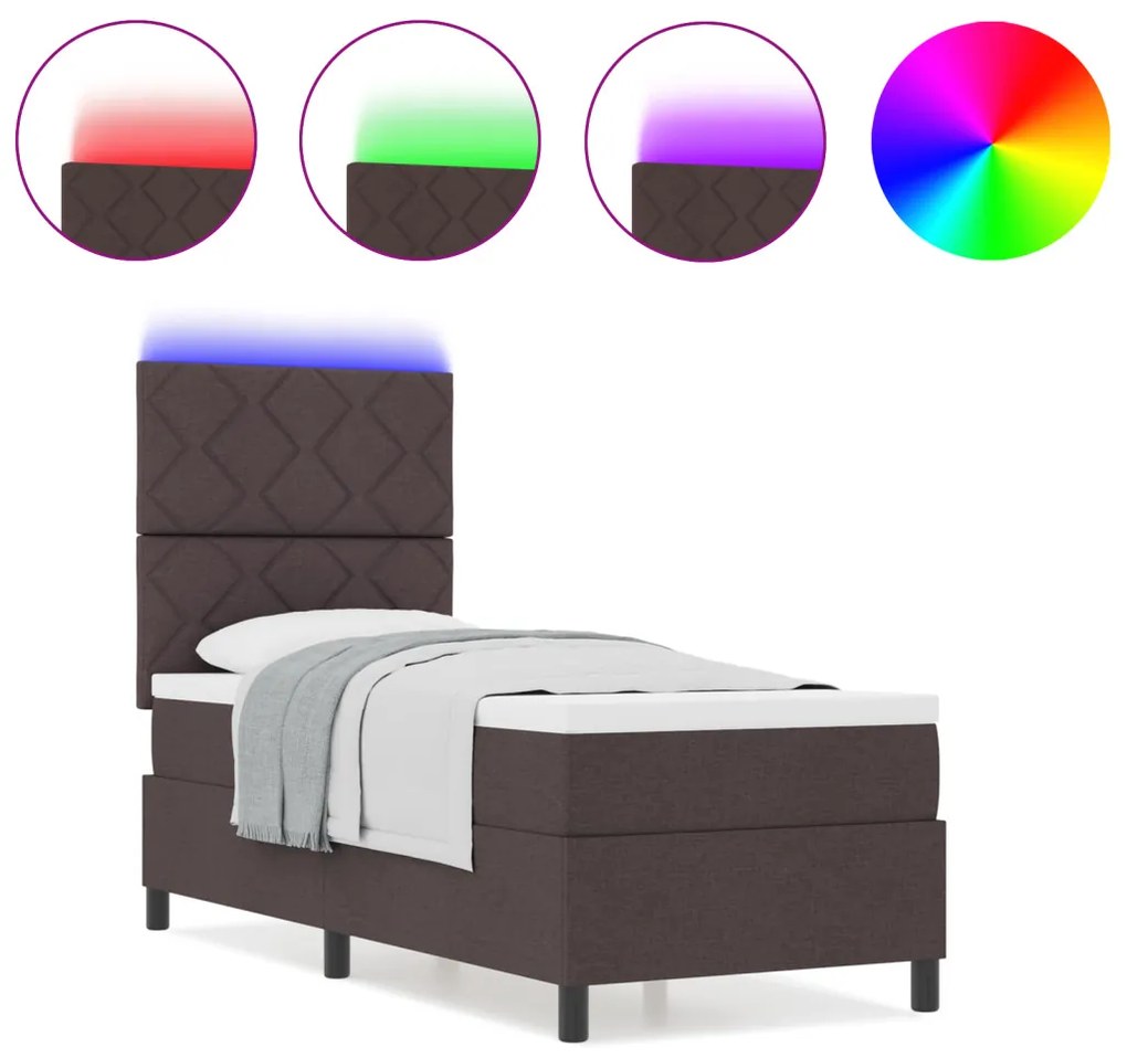 Rugós ágy matraccal és LED világítással sötétbarnában, 80 x 200 cm-es szövet