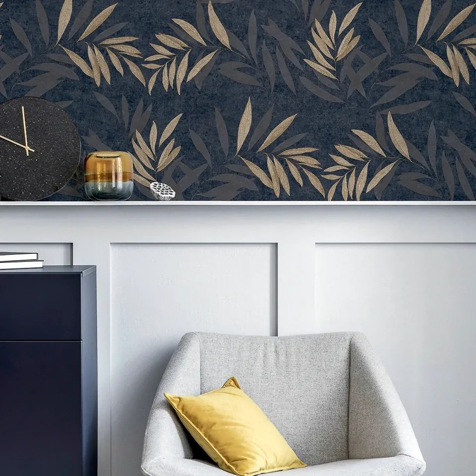 Arthouse Signature 1 Luxury Leaf arany-sötétkék leveles vlies tapéta – 299301