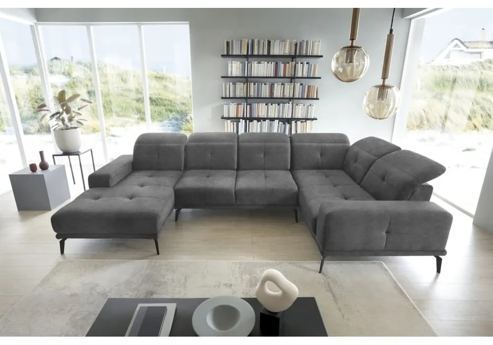 Szürke bársony sarokkanapé (jobb oldali-U alakú) Neviro – ELTAP