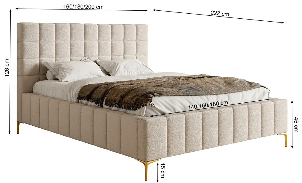 Franciaágy 160 cm Sheldona 160 (ágyráccsal) (tárolóhellyel) (világosszürke + arany). 1099769