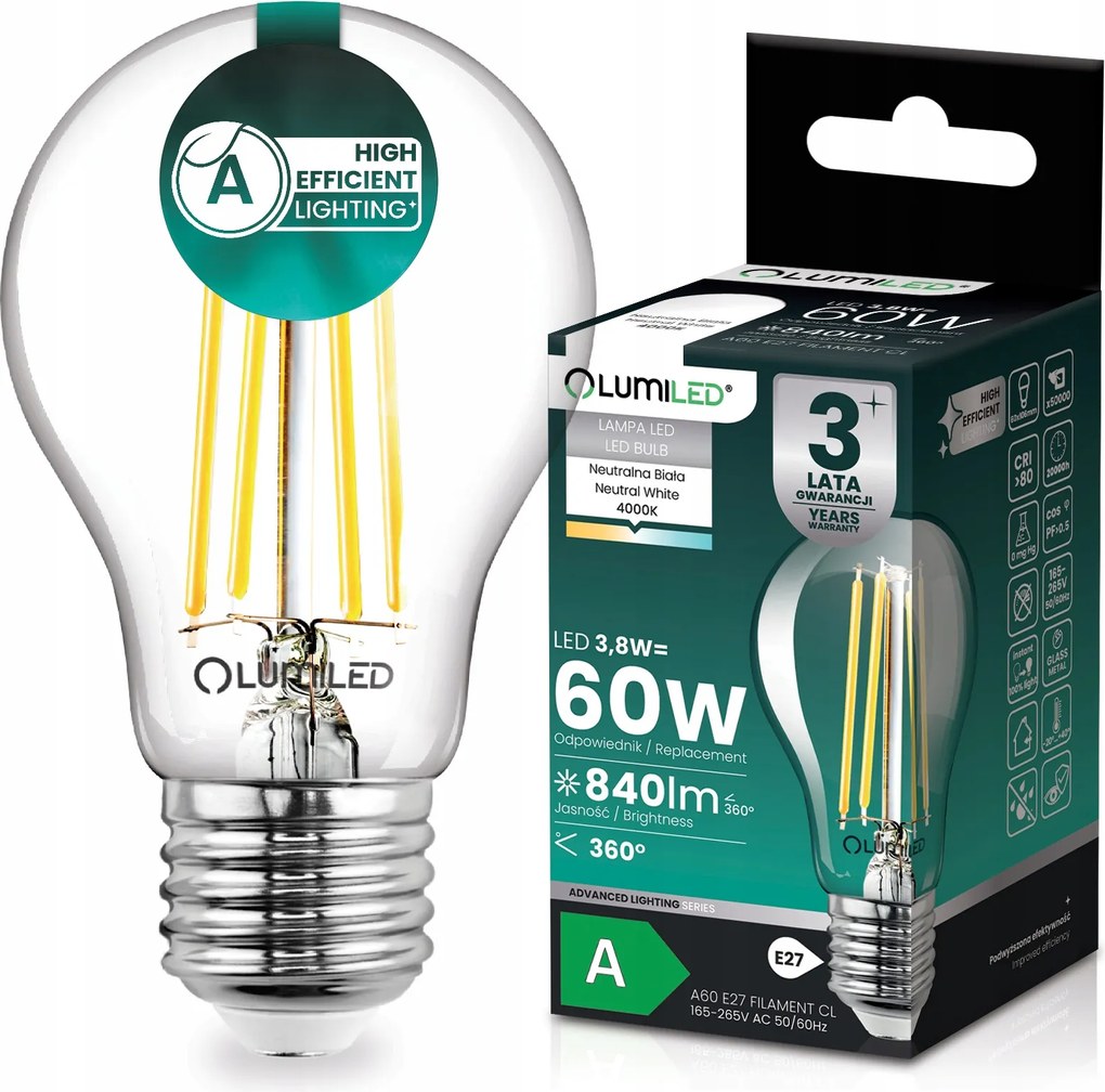 Led Izzó E27 Filament A Osztály 3,8W 840LM 60W 4000K 360° Lumiled