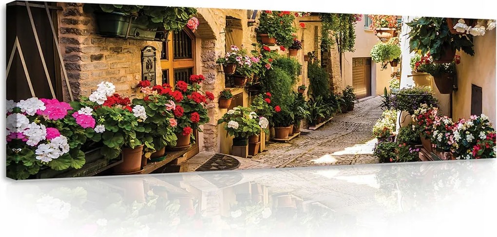 Vászonkép 145x45 Virágos utca olasz kisváros nyár nap macskakő muskátli