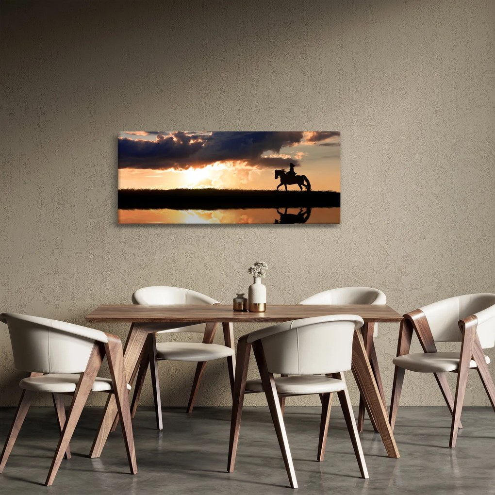 Kép - Lovas egy lovon naplementében (120x50 cm)