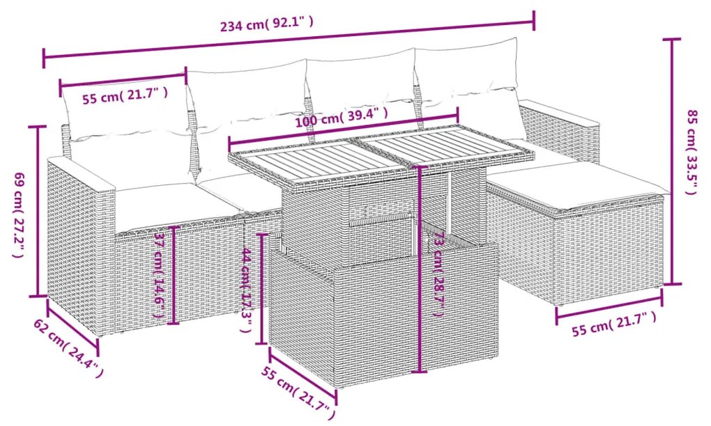 6 részes fekete polyrattan kerti ülőgarnitúra párnákkal