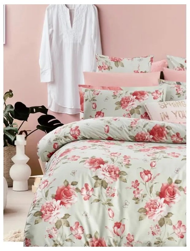 Zöld-rózsaszín kétszemélyes hosszabbított négyrészes renforcé pamut ágyneműhuzat lepedővel 200x220 cm – Mila Home