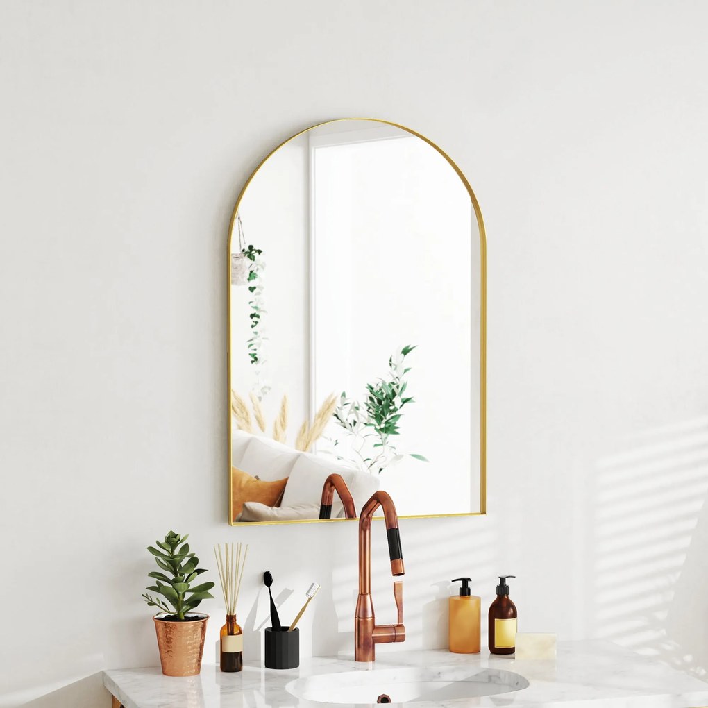 HOMCOM Ívelt Fali Tükör, Fürdőszobai Tükör, 60 x 90 cm, Magas Felbontású, Alumínium Ötvözet Kerettel, Hálószobához, Nappalihoz, Előszobához, Arany | A