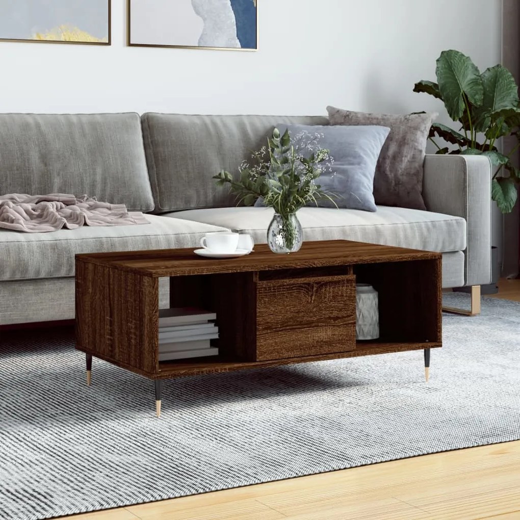 Barna tölgyszínű szerelt fa dohányzóasztal 90x50x36,5 cm