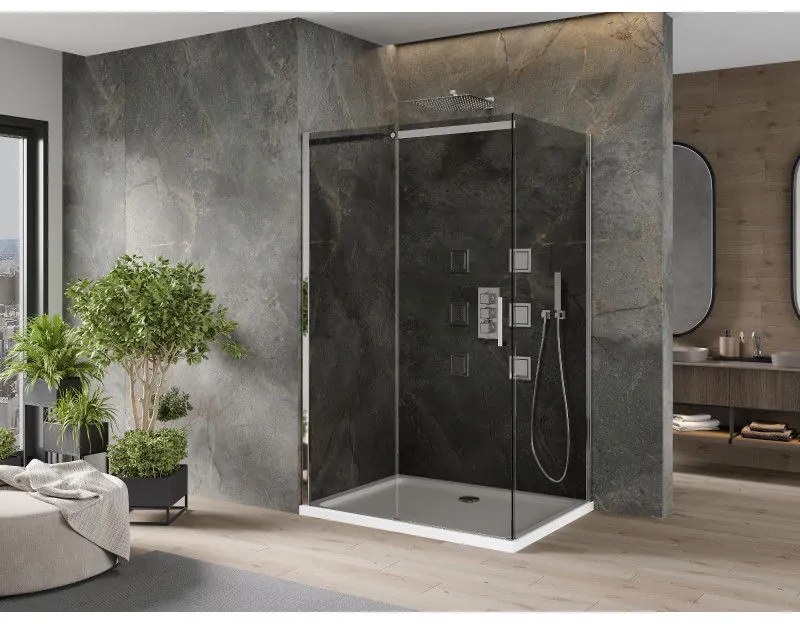 Mexen Omega, tolóajtós zuhanykabin 120 (ajtó) x 100 (fali) cm, 8mm szürke üveg, króm profil + vékony zuhanytálca fehér + króm szifon, 825-120-100-01-…