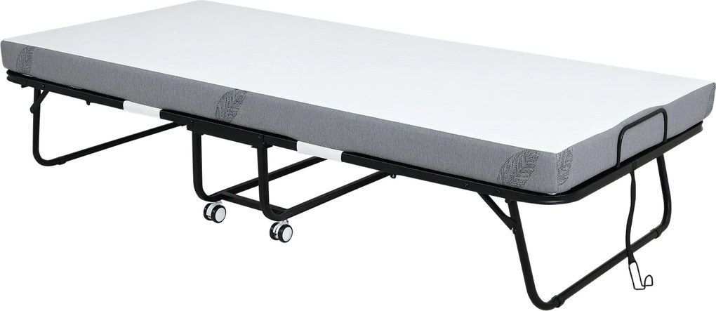 HOMCOM Összecsukható Ágy 200x90x42.5 cm Hordozható Kempingágy Egyszemélyes Mattal Kerekekkel és Fékekkel 150 kg Teherbírással a Hálószobába, Nappaliba